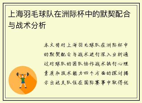 上海羽毛球队在洲际杯中的默契配合与战术分析