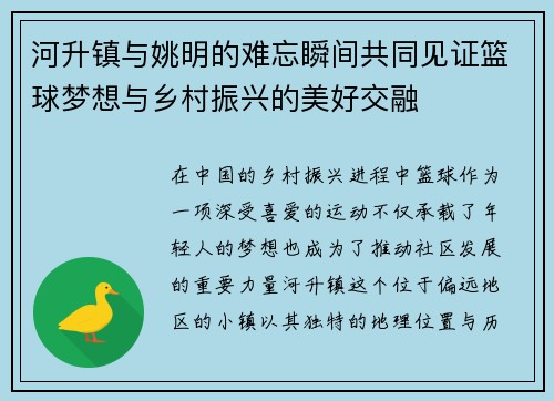 河升镇与姚明的难忘瞬间共同见证篮球梦想与乡村振兴的美好交融