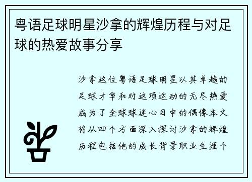 粤语足球明星沙拿的辉煌历程与对足球的热爱故事分享